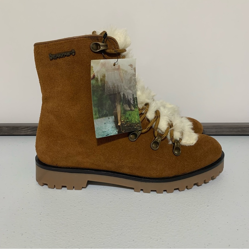 BearPaw Vanna Cognac Suede Upper Faux Fur Lace-Up Boots-Size 6 NWT